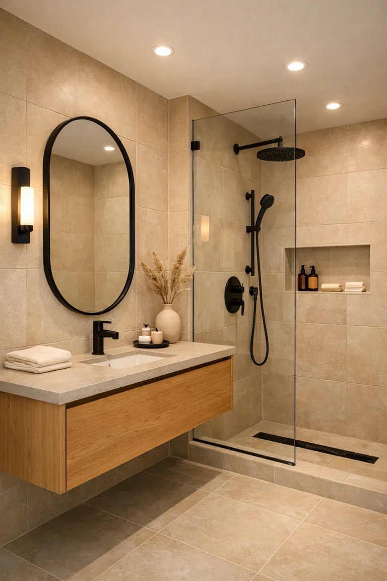 Beige tiled bathroom with a floating light oak vanity, beige stone countertop, matte black faucet, black-framed oval mirror, and a glass walk-in shower with black fixtures under warm lighting.