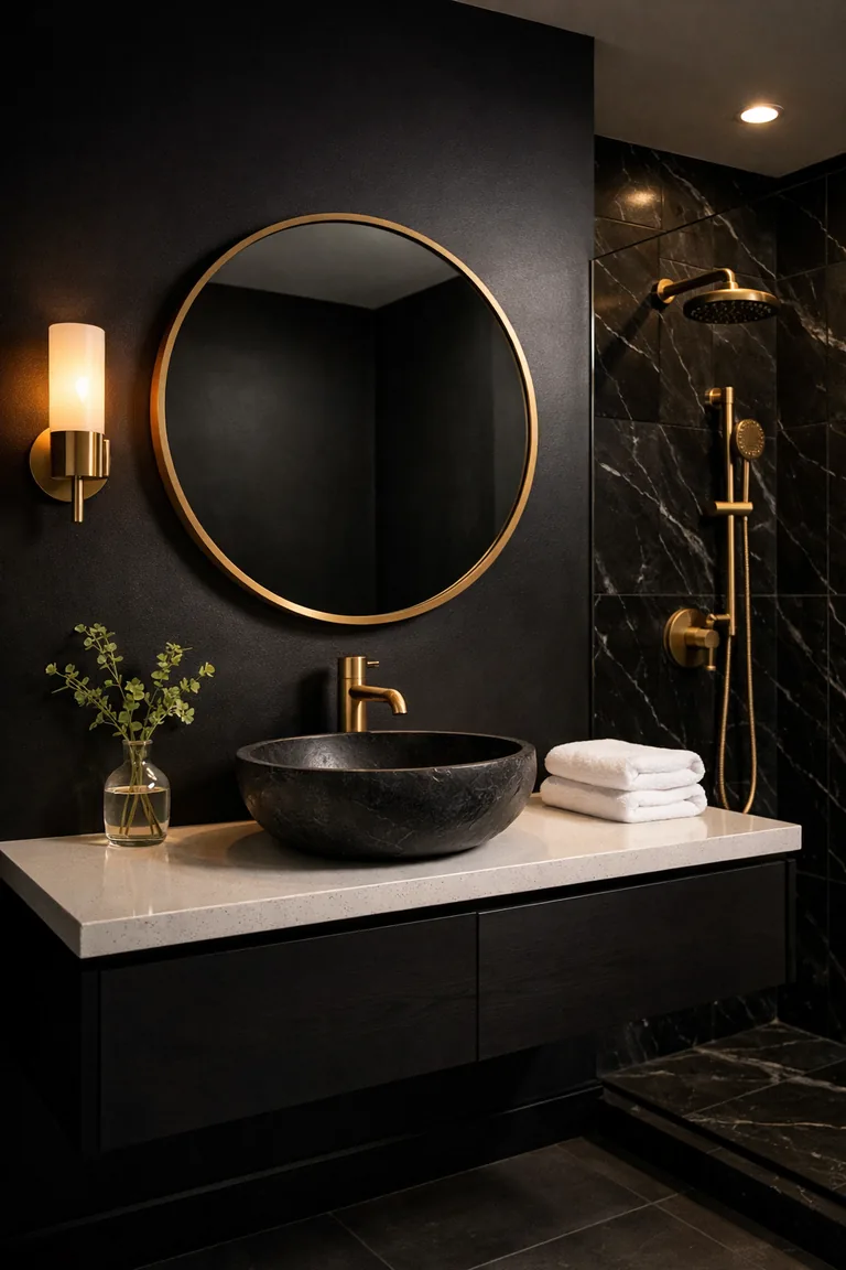 A black bathroom with a floating black vanity, white countertop, black vessel sink, brushed gold faucet, round gold-framed mirror, and a warm gold wall sconce beside black marble shower tile.