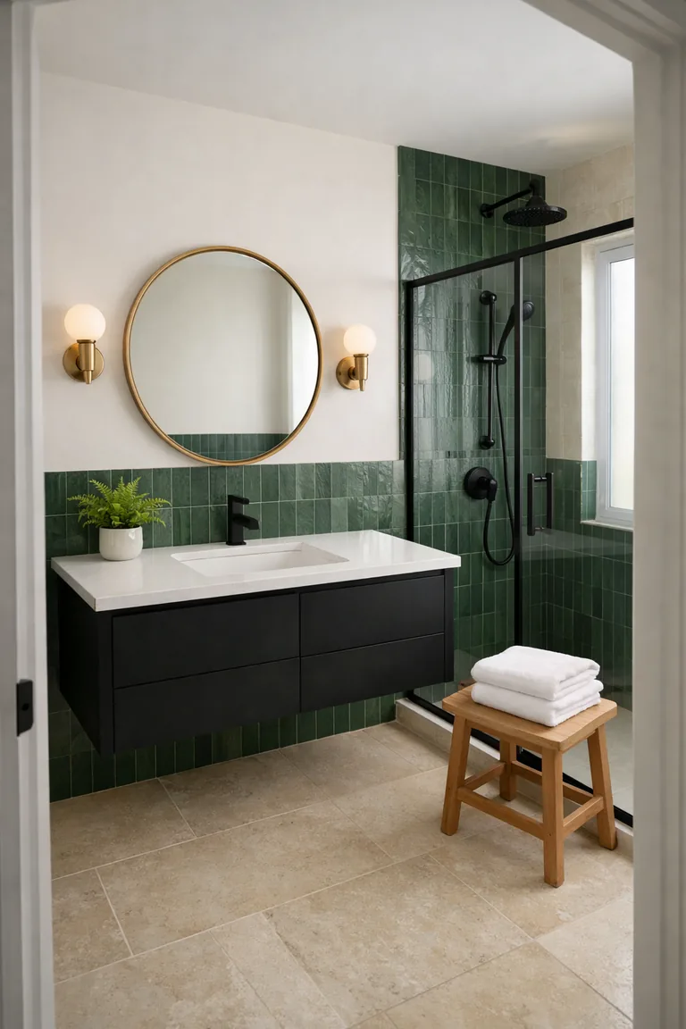 Bathroom with deep green tile walls, a matte black floating vanity with a white countertop, brass round mirror and sconces, black shower fixtures, and a beige stone floor.