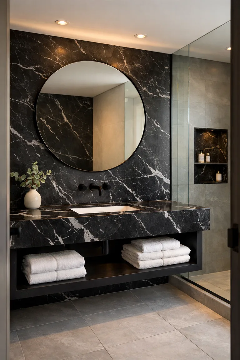 Bathroom with a floating matte black vanity topped with polished black marble, a matching black marble accent wall, round frameless mirror, gray tile floor, and a glass shower panel.