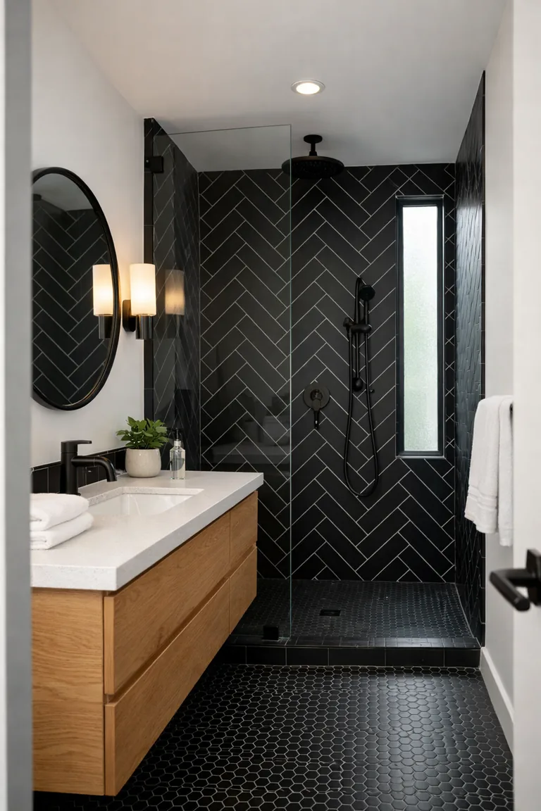 Portrait bathroom with a walk-in shower featuring floor-to-ceiling matte black herringbone tile, a frameless glass panel, a light oak floating vanity with a white countertop, a round black-framed mirror, and black hex tile flooring.