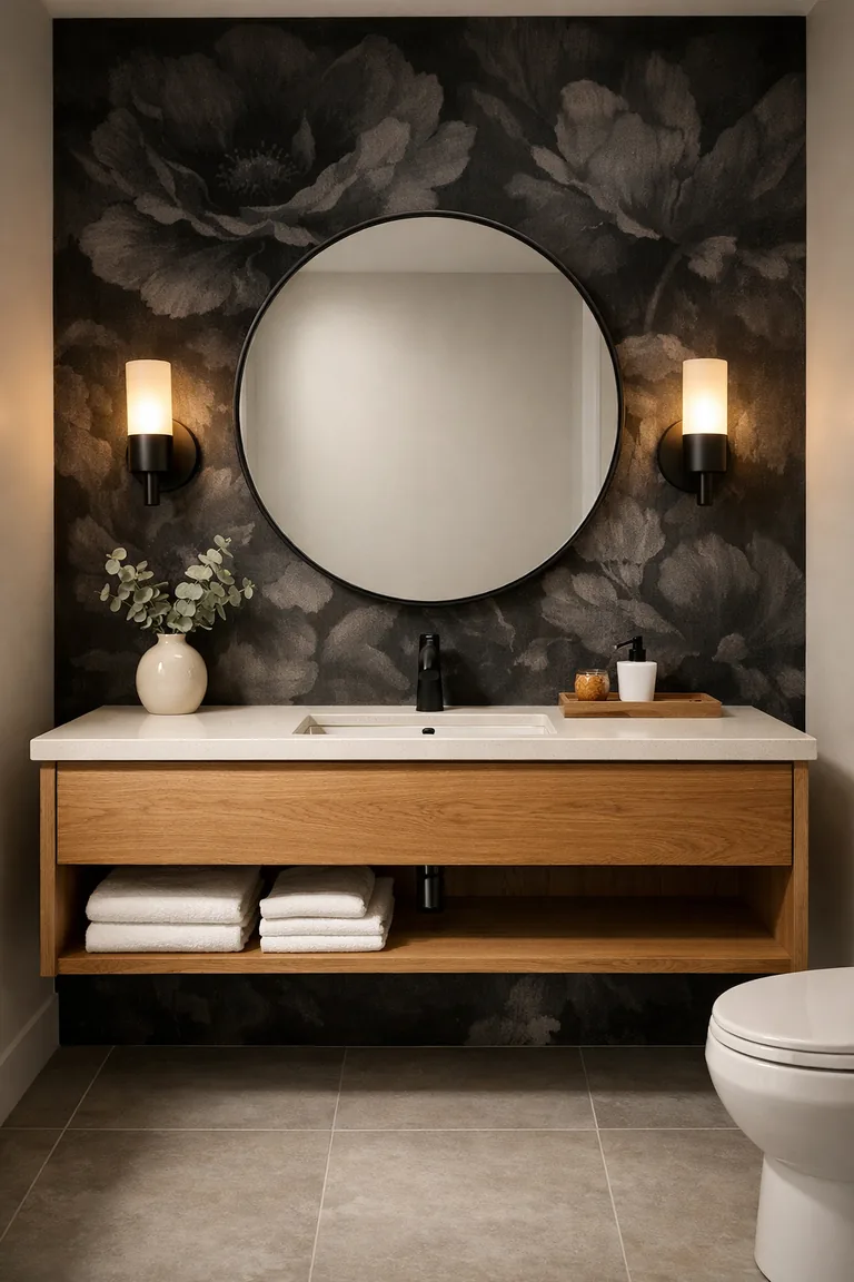 Bathroom with a matte black floral wallpaper accent wall, a white oak floating vanity with white countertop, matte black faucet, round mirror, warm wall sconces, and light gray tile floor.