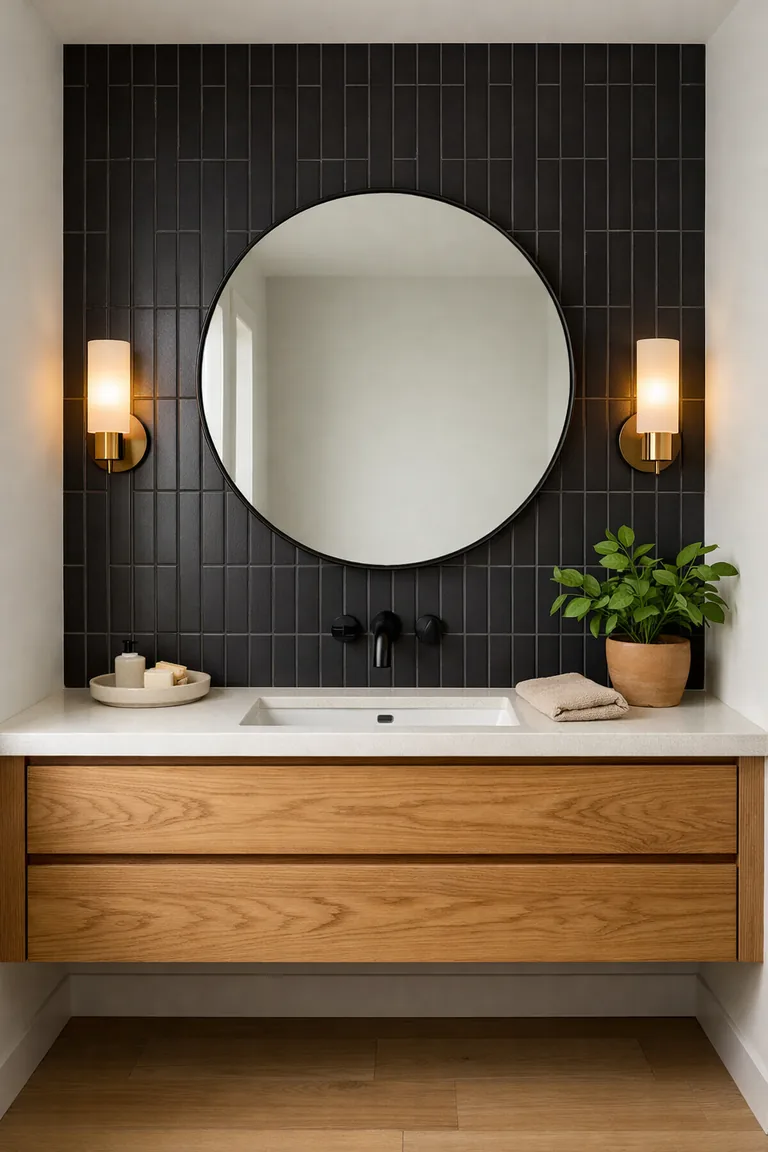A bathroom vanity wall with matte black vertical subway tile behind a floating natural oak vanity, a white countertop with an undermount sink, a round black-framed mirror, and two warm brass sconces.