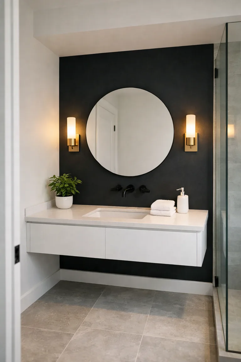 Bathroom with a matte black accent wall behind a floating white vanity, round mirror, brass sconces, and light gray stone tile flooring.