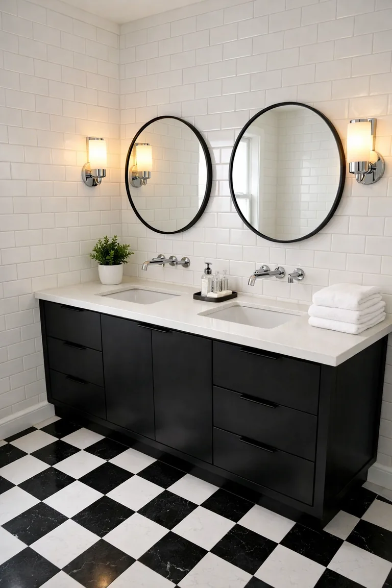 Black-and-white bathroom with white subway-tiled walls, a matte black double vanity with a white countertop, two round black-framed mirrors, and a black-and-white checkerboard tile floor.