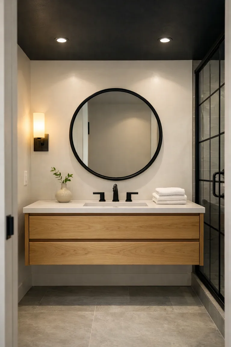 Bathroom with a matte black ceiling, warm white walls, a light-oak floating vanity with white countertop, a round black-framed mirror, and black-framed glass shower with warm layered lighting.