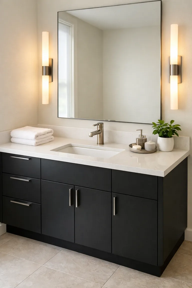 Matte black modern bathroom vanity with a white quartz countertop, undermount sink, brushed nickel faucet, frameless mirror, and warm vertical sconces on light walls and pale tile flooring.