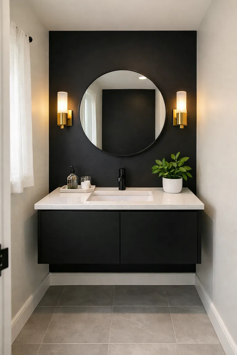 Small powder room with a matte black accent wall, floating black vanity with white countertop, round mirror, brass sconces, pale gray tile floor, and a small window with a sheer curtain.