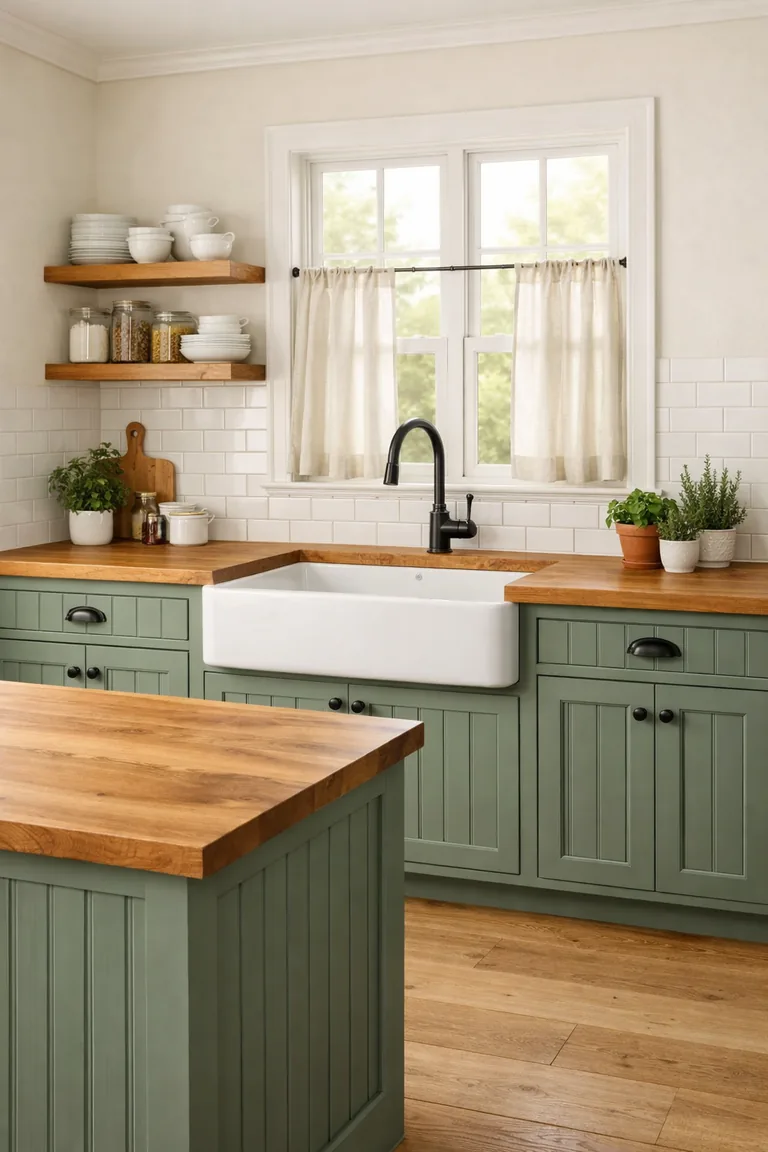 Sage green beadboard cabinets with butcher-block countertops, a white apron-front sink under a window, white subway tile backsplash, and oak floating shelves with simple ceramics in soft daylight.