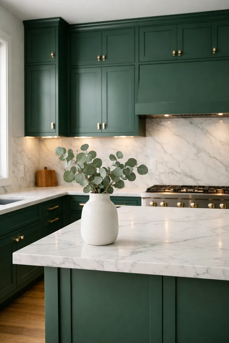 Emerald green shaker kitchen cabinets with polished brass hardware, white marble countertops and marble slab backsplash, and warm under-cabinet lighting.