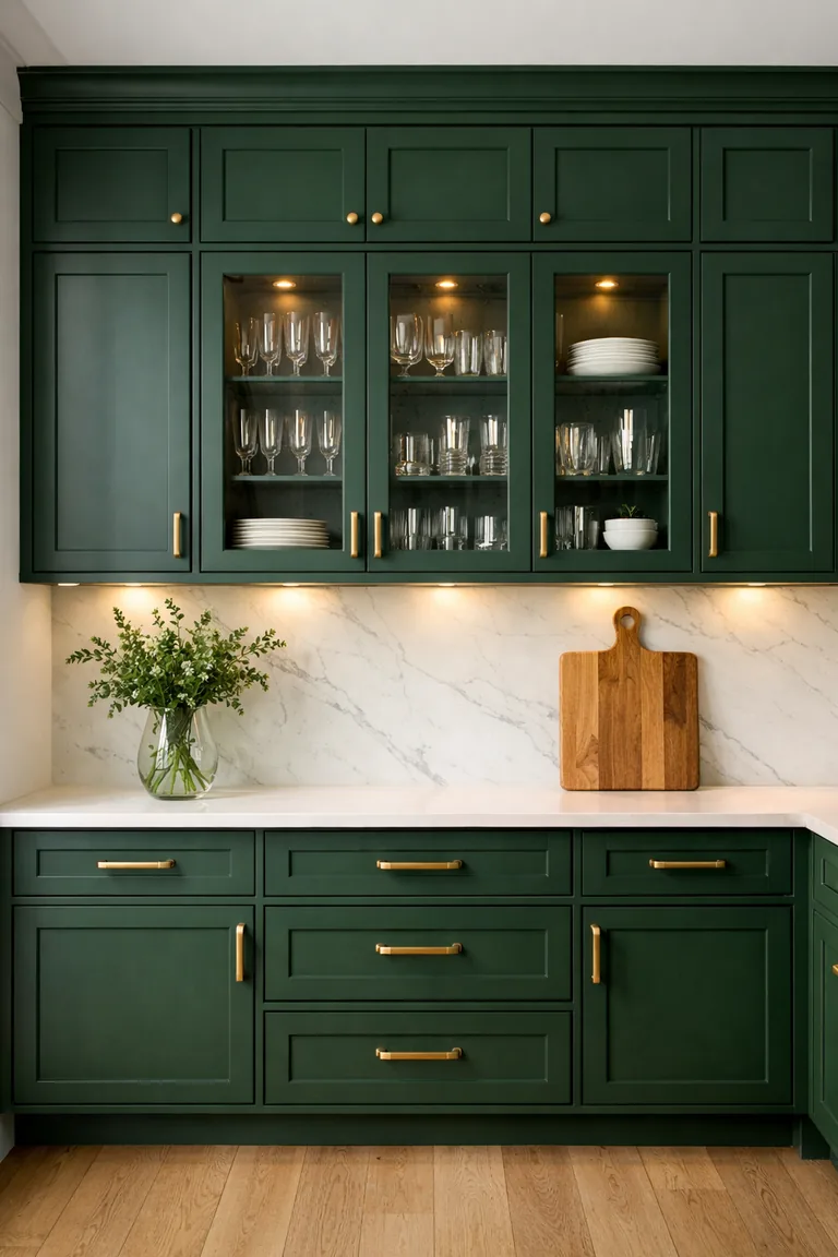 Deep forest green cabinets with brass pulls and glass-front upper doors displaying glassware, with a white veined backsplash, warm white countertop, and light oak floor under soft natural and under-cabinet lighting.
