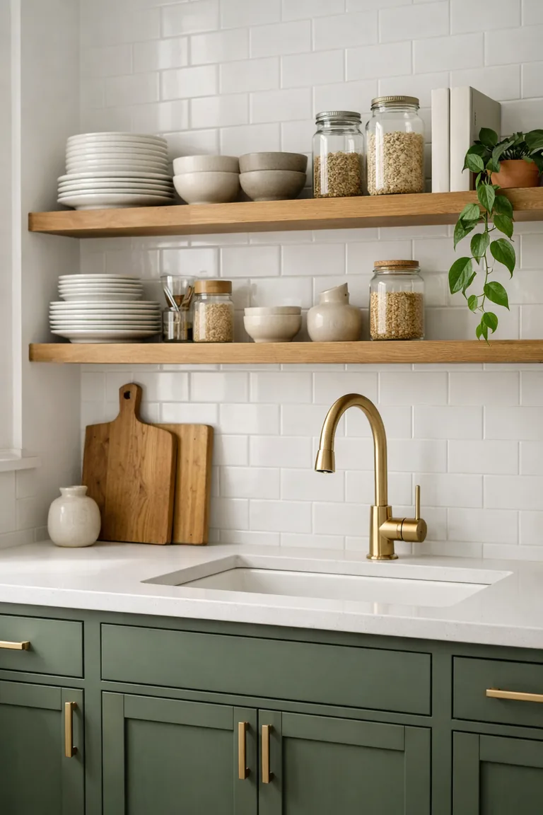 Sage green lower cabinets with a white quartz countertop, white subway tile backsplash, and oak open shelves styled with white ceramics, glass jars, cookbooks, and a trailing pothos plant beside a brass faucet and white sink.