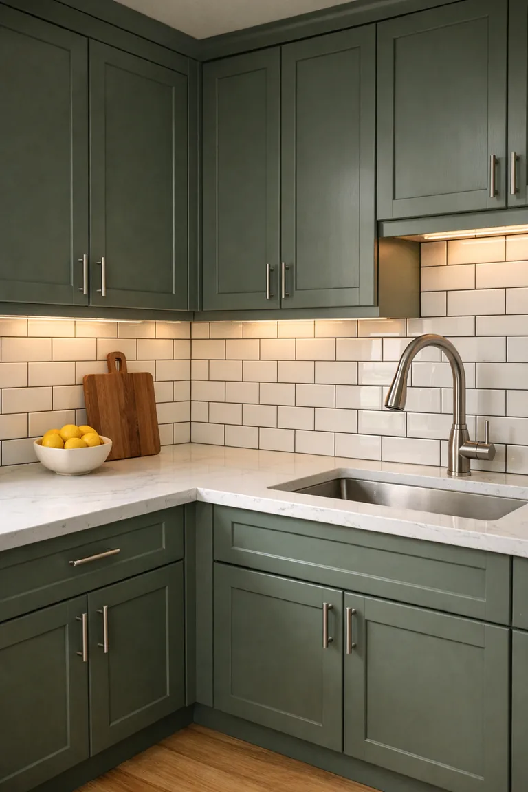 L-shaped kitchen with sage green cabinets, white subway tile backsplash with dark grout, white quartz counters, and warm under-cabinet lighting.