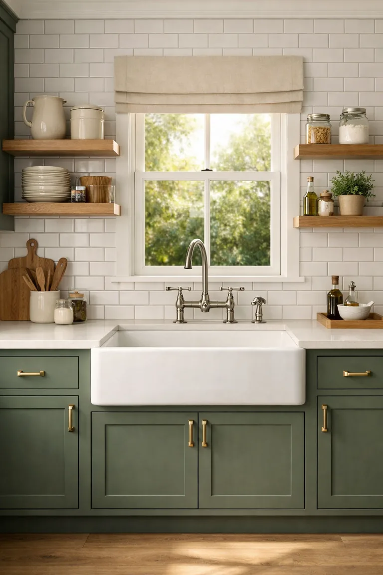 Sage-green shaker cabinets with brass pulls surround a white apron-front farmhouse sink under a wide window, with white subway tile, quartz counters, and oak floating shelves.