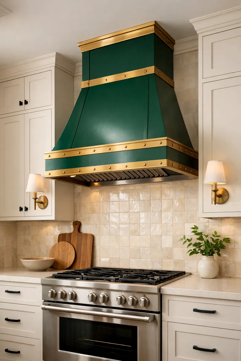 An emerald green range hood with brushed brass trim above a stainless range, with white shaker cabinets, off-white quartz counters, and a creamy tile backsplash.