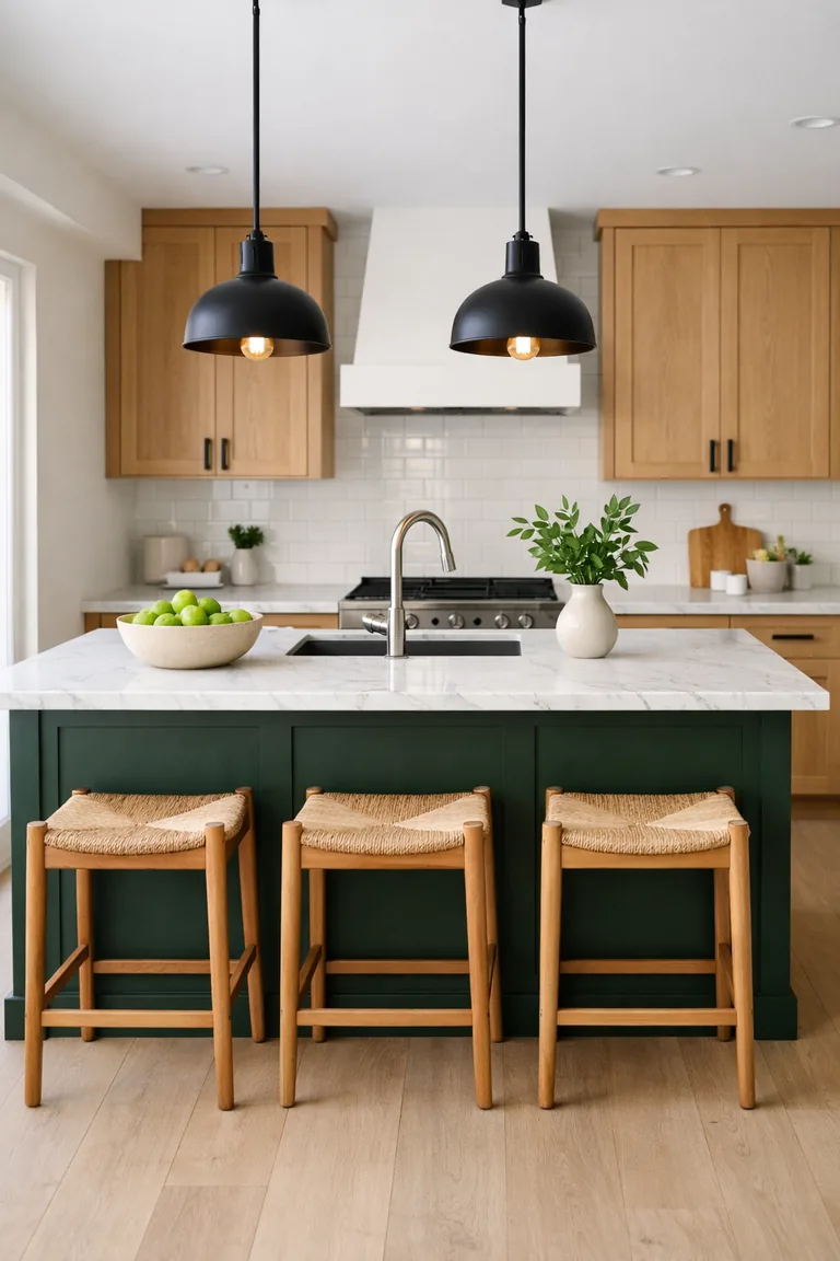 A deep green kitchen island with a white veined marble countertop sits in front of light oak wood cabinets, lit by two black pendant lights and daylight, with three wooden stools at the island.