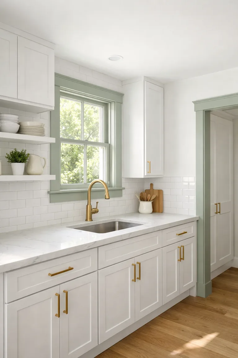 White kitchen with sage green window and doorway trim, white cabinets, marble-look counters, open shelves, brass hardware, subway tile backsplash, and light oak floors in natural daylight.