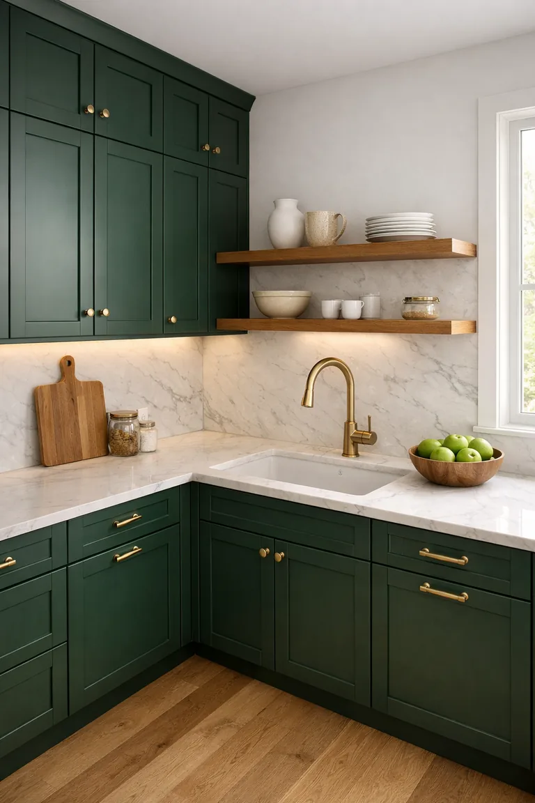 Hunter green shaker cabinets with brass hardware, white marble countertop and backsplash, oak shelves, and a brass faucet in a bright L-shaped kitchen.