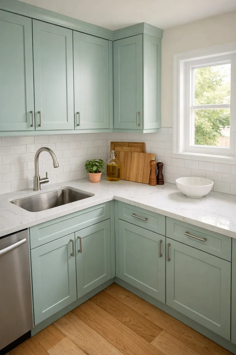 Small kitchen with mint green shaker cabinets, white quartz countertops, white subway tile backsplash, light oak floors, and a bright window-lit L-shaped layout.