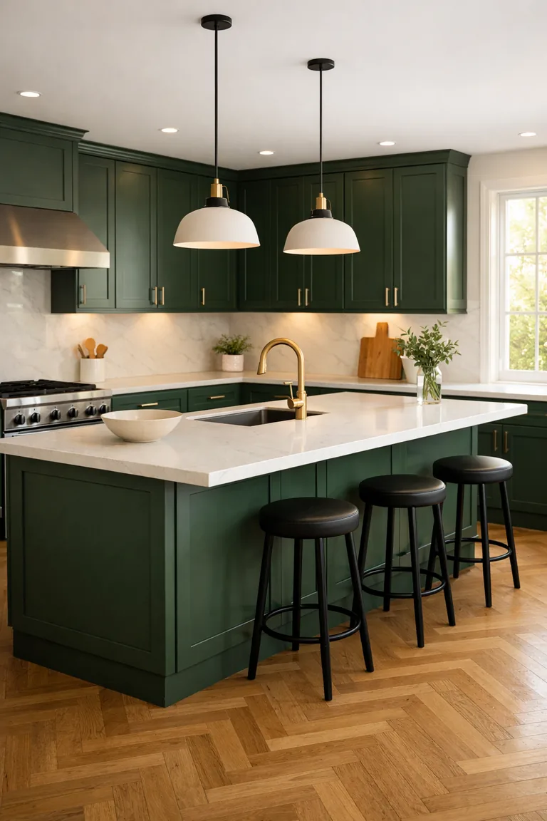 Spacious kitchen with deep green shaker cabinets, a large island, herringbone oak wood floors, light stone countertops, and brass hardware under warm daylight.