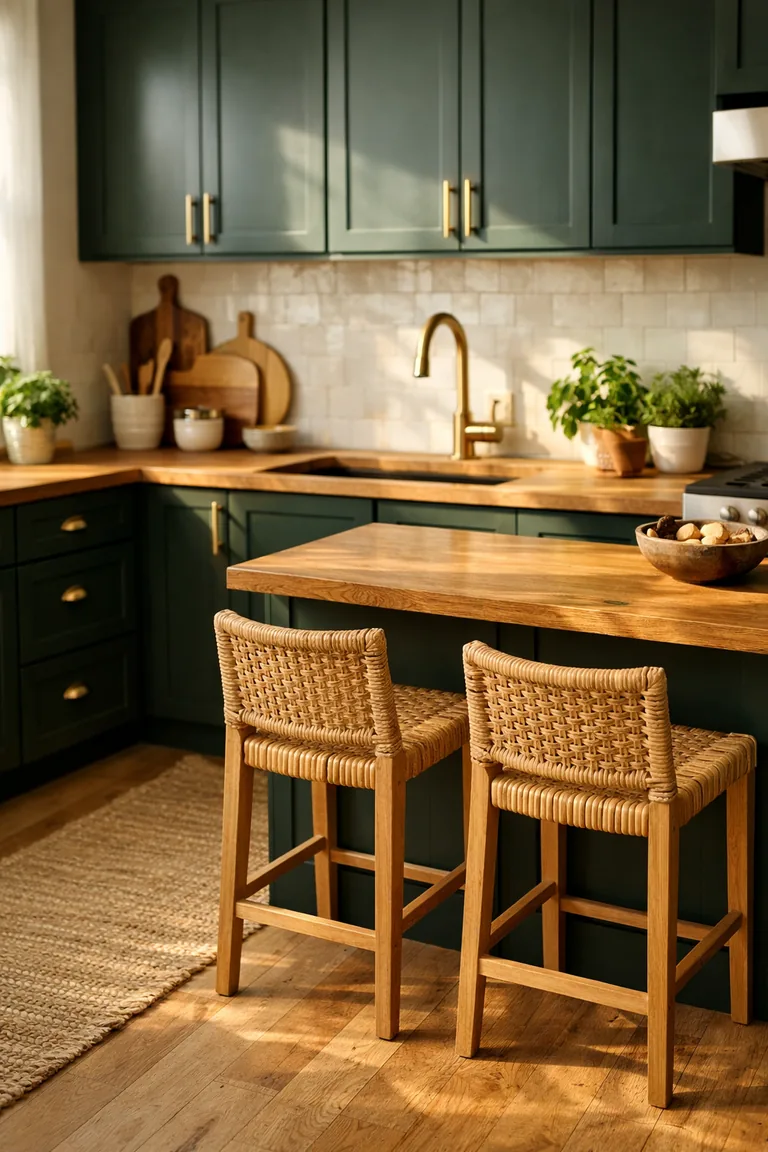 A kitchen with deep green shaker cabinets, warm wood butcher-block countertops, an off-white tile backsplash, brass hardware, woven rattan stools, a jute runner, and potted plants on the counter.