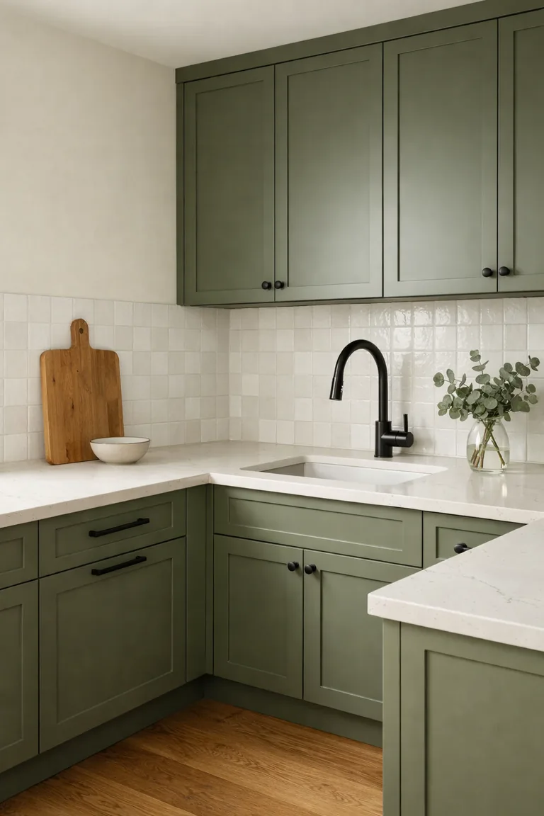 Portrait view of an L-shaped kitchen with olive green matte cabinets, matte black hardware and faucet, pale quartz counters, white tile backsplash, light walls, and an oak floor.