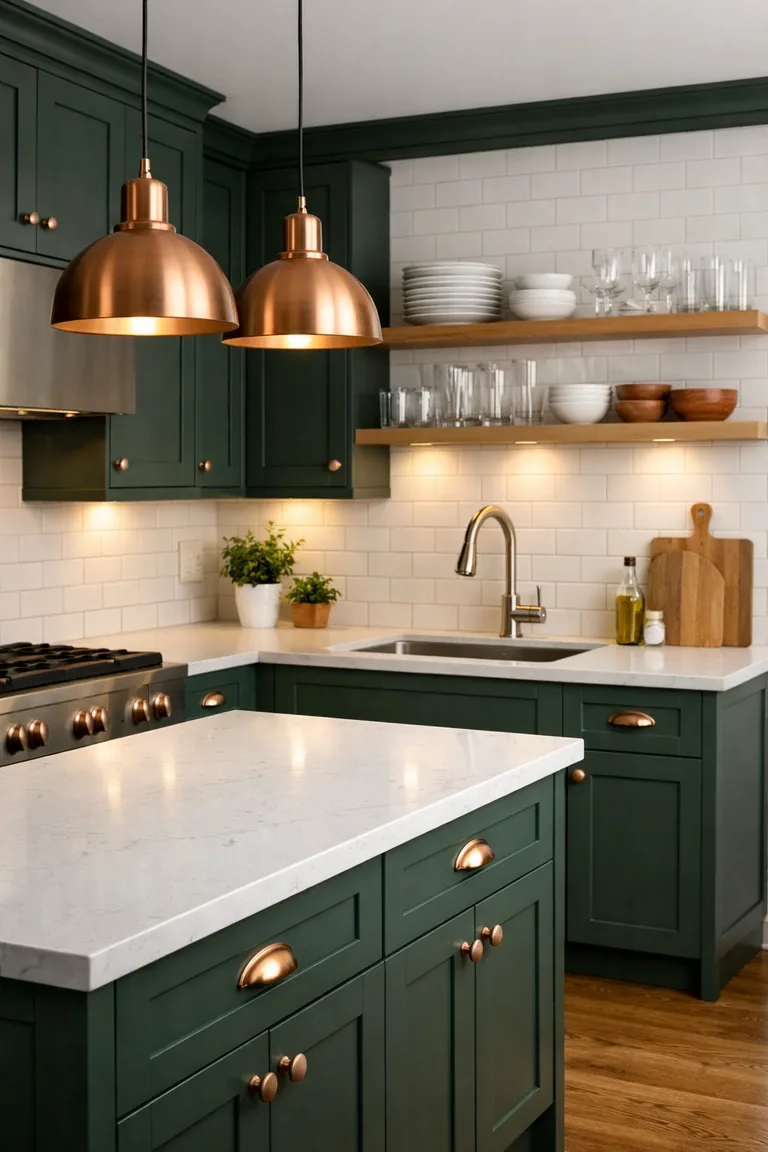 Portrait kitchen with deep green shaker cabinets, oak open shelves with white dishes and glassware, brushed copper pendant lights and hardware, a white quartz island, white subway tile backsplash, and oak floors.