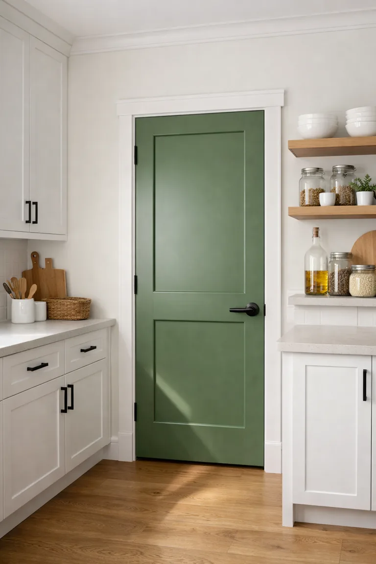 Neutral kitchen with white cabinets and a single sage green pantry door with a black handle, light wood floors, quartz countertop, and styled open shelves with ceramics and jars.