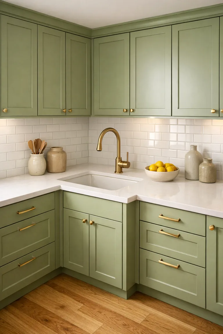 Pistachio-green shaker kitchen cabinets with brushed brass pulls, white quartz countertops, a white subway tile backsplash, and light oak floors, styled with neutral ceramics and a bowl of lemons.