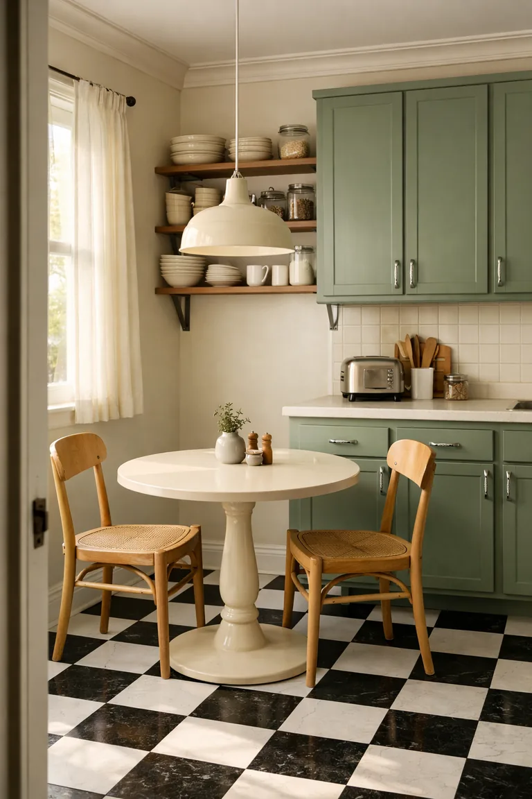 Sage-green flat-panel cabinets with chrome pulls, cream countertops and walls, a black-and-white checkerboard floor, and a small round cream table with two wood chairs under a cream pendant light.