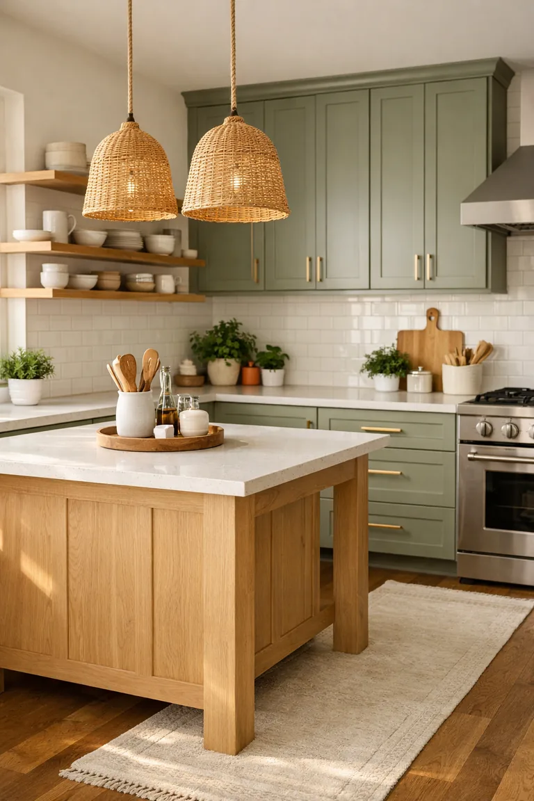 Soft sage shaker cabinets with brass pulls, white quartz counters, a white subway tile backsplash, and woven rattan pendants over a light-oak island.