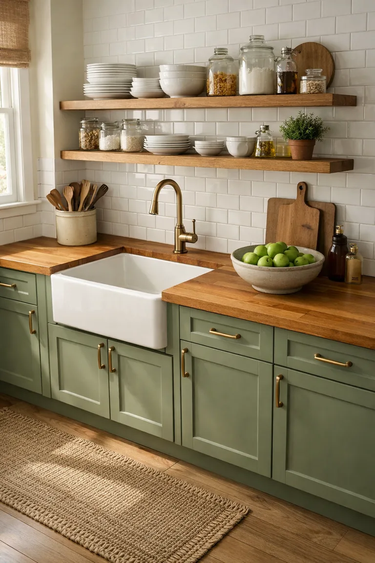 Sage green shaker cabinets with butcher block counters, a white subway tile backsplash, apron-front sink, floating oak shelves with white dishes and jars, and brass hardware in soft daylight.