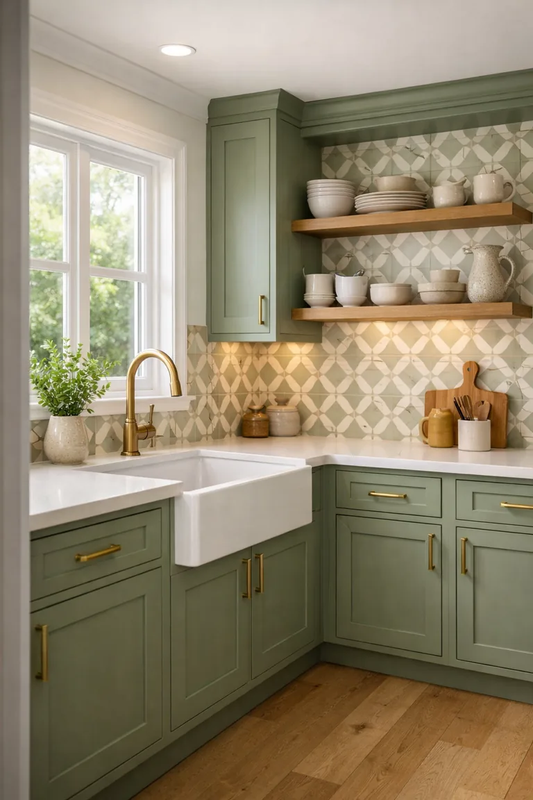 Sage green shaker cabinets with brass pulls, white quartz counters, and a cream-and-sage patterned geometric tile backsplash around a white apron-front sink under a window.