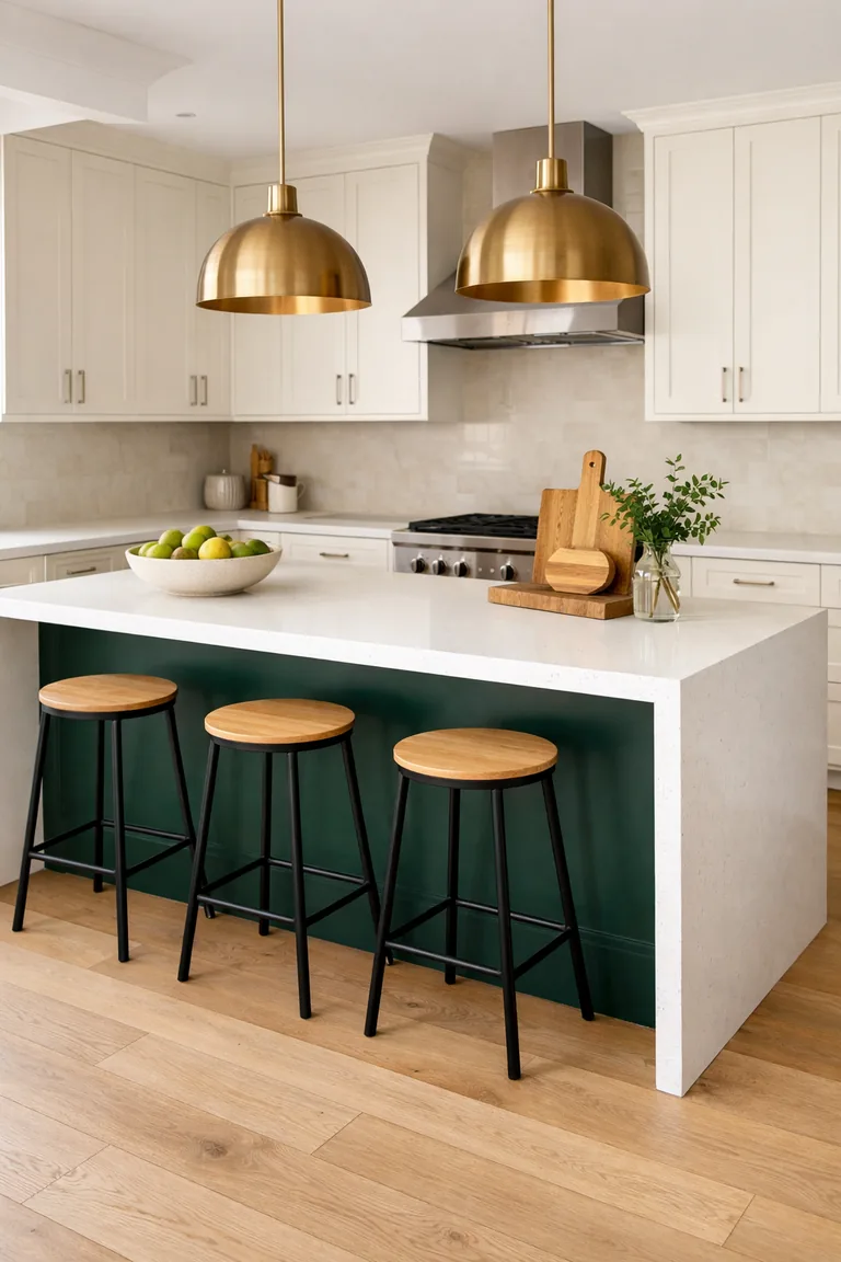 A bright kitchen with an emerald green island topped with a white quartz waterfall counter, off-white cabinets, black-and-wood bar stools, and brass pendant lights.