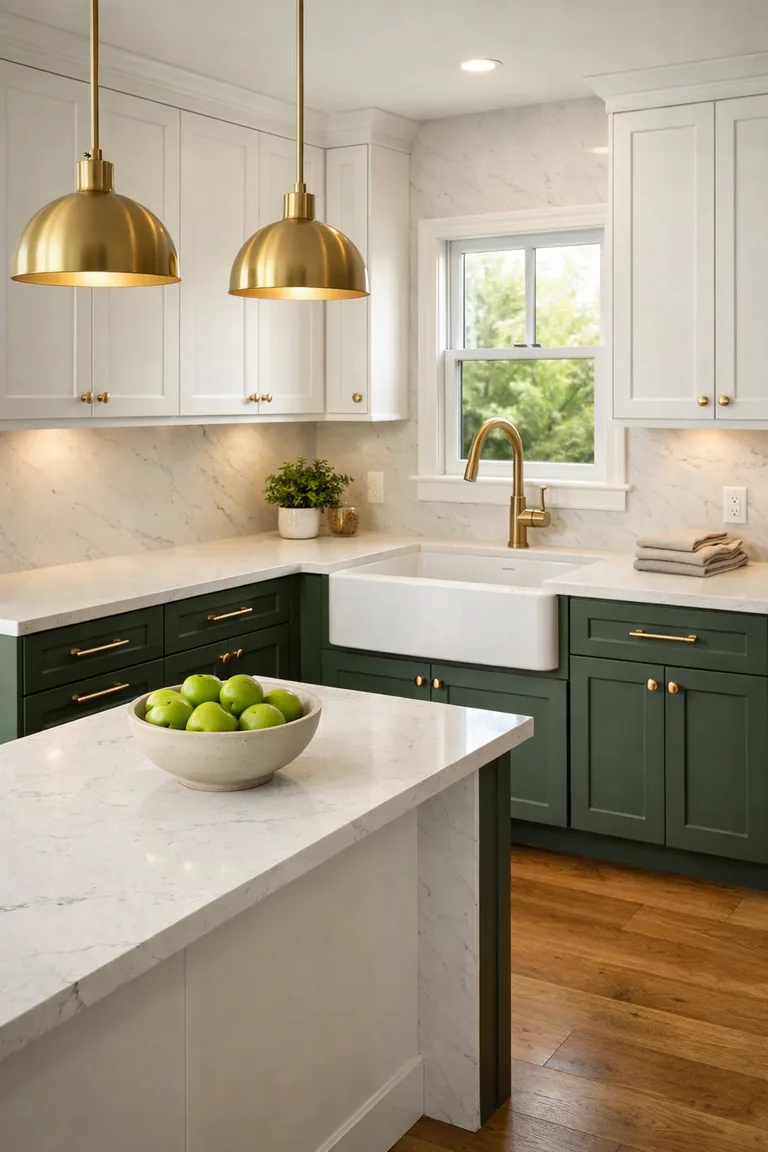 Photorealistic portrait kitchen with deep green lower cabinets, white upper cabinets, white quartz counters and backsplash, brushed gold hardware and pendant lights, and a small island on an oak floor.