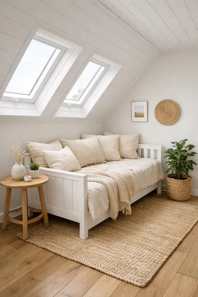 A bright attic nook with sloped white ceilings, skylights, a white daybed with pale bedding and a knit throw, a jute rug on light oak floors, a small round side table, and potted plants.