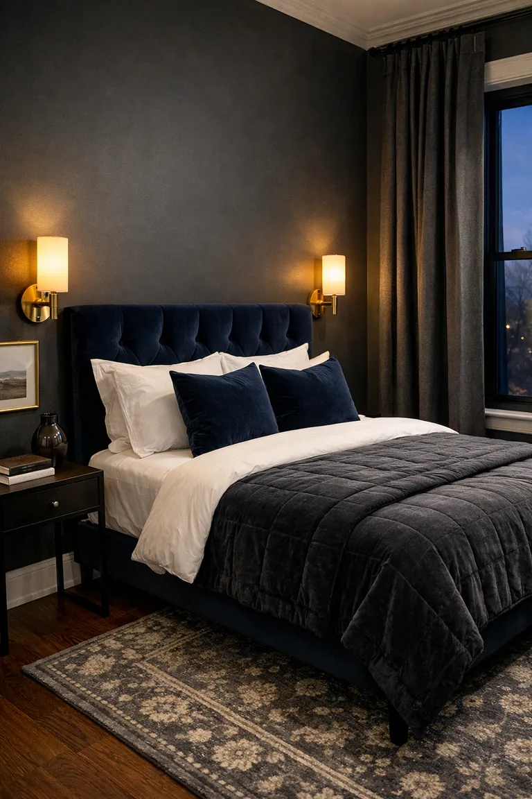 A dark guest bedroom with charcoal walls, a navy velvet headboard, white bedding layered with a charcoal velvet quilt, gold wall sconces, a black nightstand, walnut floors, and charcoal curtains by a tall window.