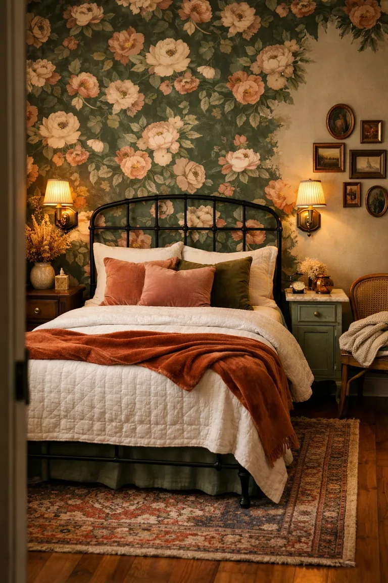 A guest bedroom with a black iron bed against bold floral wallpaper, mismatched nightstands, layered white bedding with a rust velvet throw and velvet pillows, a patterned vintage rug, brass wall sconces, and a cane chair in the corner.