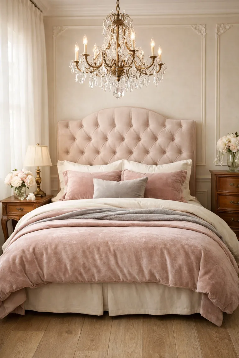 A pastel guest bedroom with a blush tufted headboard, velvet bedding, a crystal chandelier, vintage-style wood furniture, and soft daylight through sheer curtains.