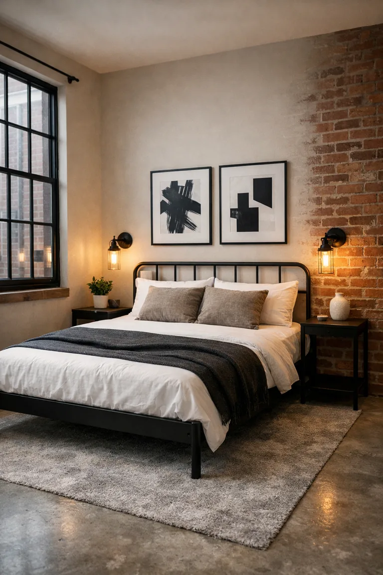 Loft-style guest bedroom with an exposed brick wall, black metal bed frame, white bedding, black industrial sconces, minimalist art, and a large grid window.