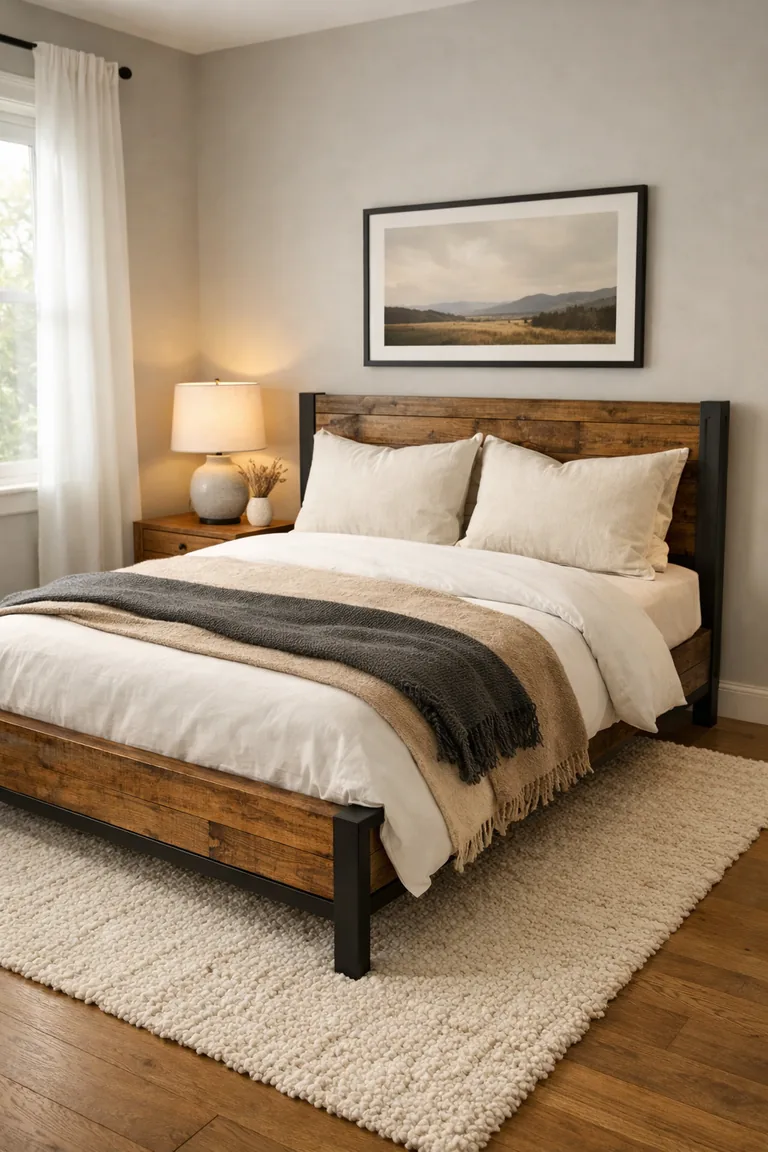 Rustic-modern guest bedroom with a reclaimed wood bed, cream wool rug, soft gray walls, layered neutral bedding, a light oak nightstand with a ceramic lamp, and daylight through sheer curtains.
