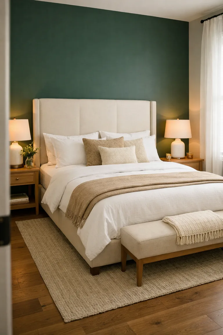 Guest bedroom with a deep green accent wall behind a cream upholstered statement bed, neutral bedding, light oak nightstands with ceramic lamps, a woven rug, and sheer white curtains with daylight.