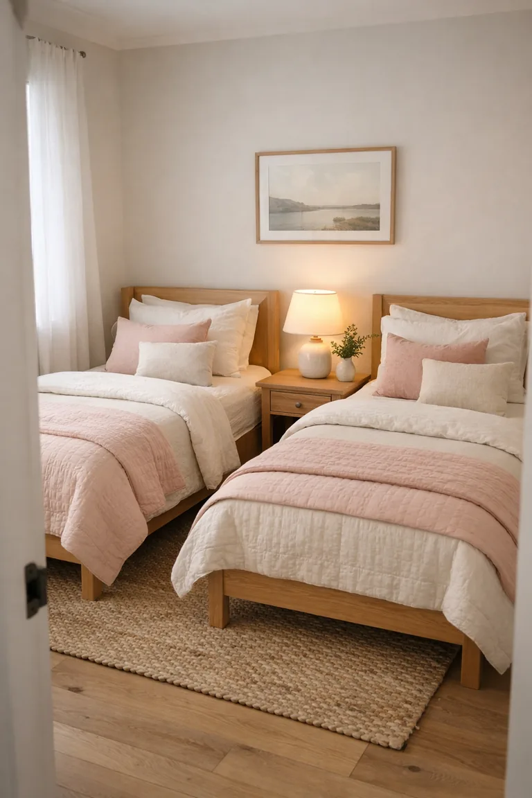 Two matching twin beds with pastel bedding sit side-by-side with a small nightstand and lamp between them in a bright, cozy guest bedroom.