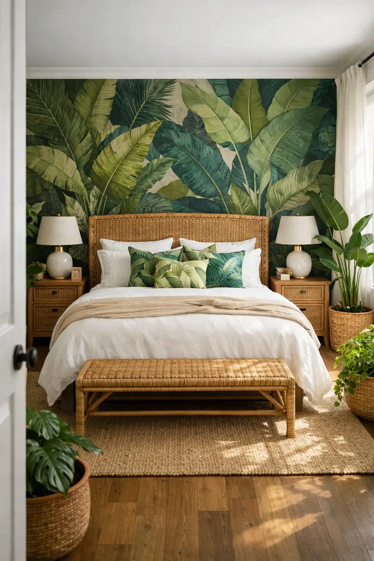 Guest bedroom with a rattan bed, white bedding with green tropical print pillows, botanical leaf wallpaper, rattan nightstands, jute rug, and multiple lush potted plants by a sunlit window.