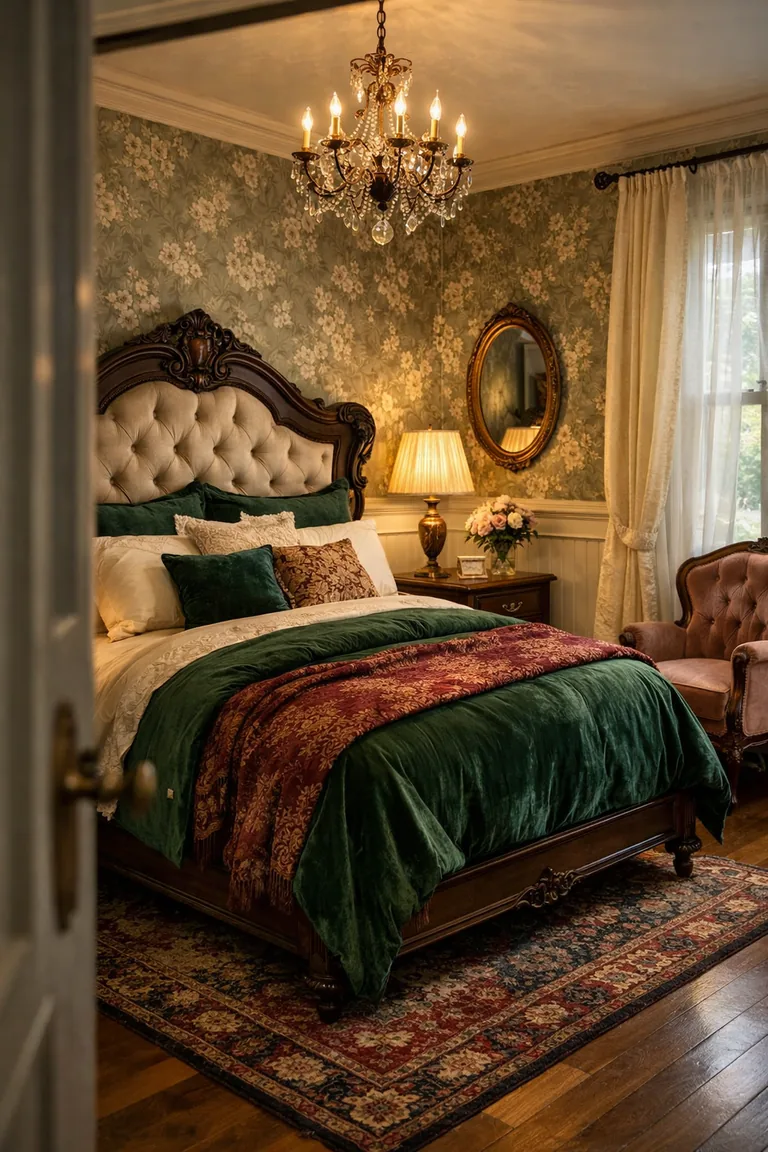 Victorian-style guest bedroom with a carved dark-wood bed, emerald velvet bedding, floral wallpaper with wainscoting, warm lamps on nightstands, a small chandelier, a velvet armchair by a window with sheer curtains, and a jewel-tone patterned rug on hardwood floors.