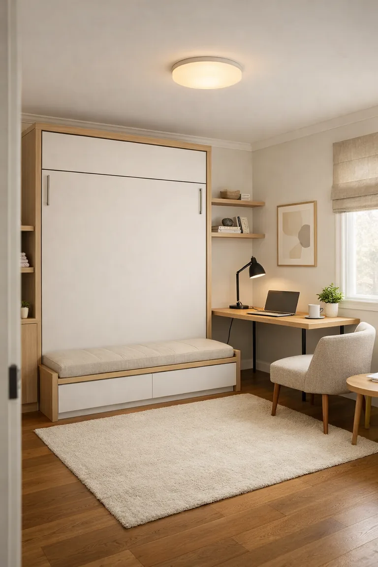 A bright room with a closed white-and-oak wall bed beside a light-wood desk, minimalist shelves, a neutral rug, and filtered daylight through a linen shade.