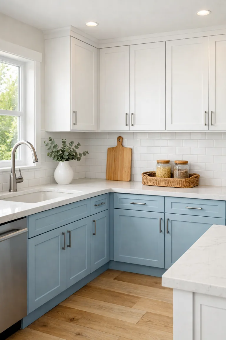 Bright kitchen with powder light blue base cabinets, white upper cabinets, white quartz counters, white subway tile backsplash, oak flooring, and a window casting soft daylight.