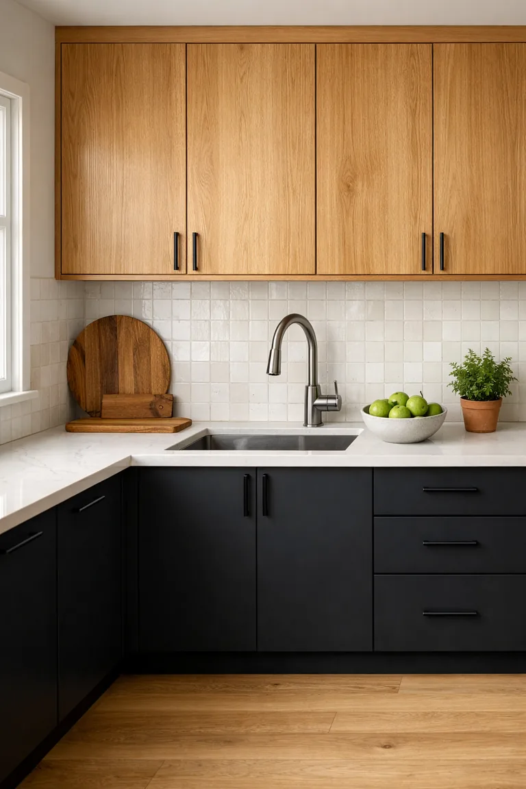 Kitchen with matte black lower cabinets, warm natural wood upper cabinets, white quartz counters, white tile backsplash, and minimal styling in soft daylight.