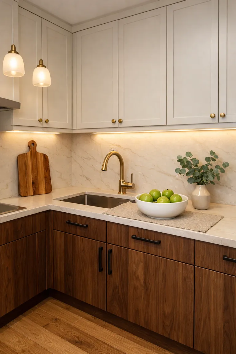 Photorealistic L-shaped kitchen with dark walnut lower cabinets, cream upper cabinets, light quartz countertops and backsplash, warm under-cabinet lighting, brass hardware, and a few simple countertop accessories.