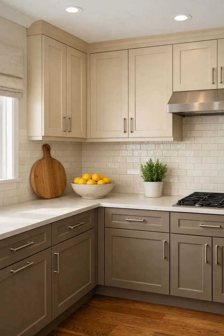 A portrait-view kitchen with beige upper cabinets, taupe lower cabinets, a light quartz countertop, white subway tile backsplash, and warm oak flooring lit by soft daylight.